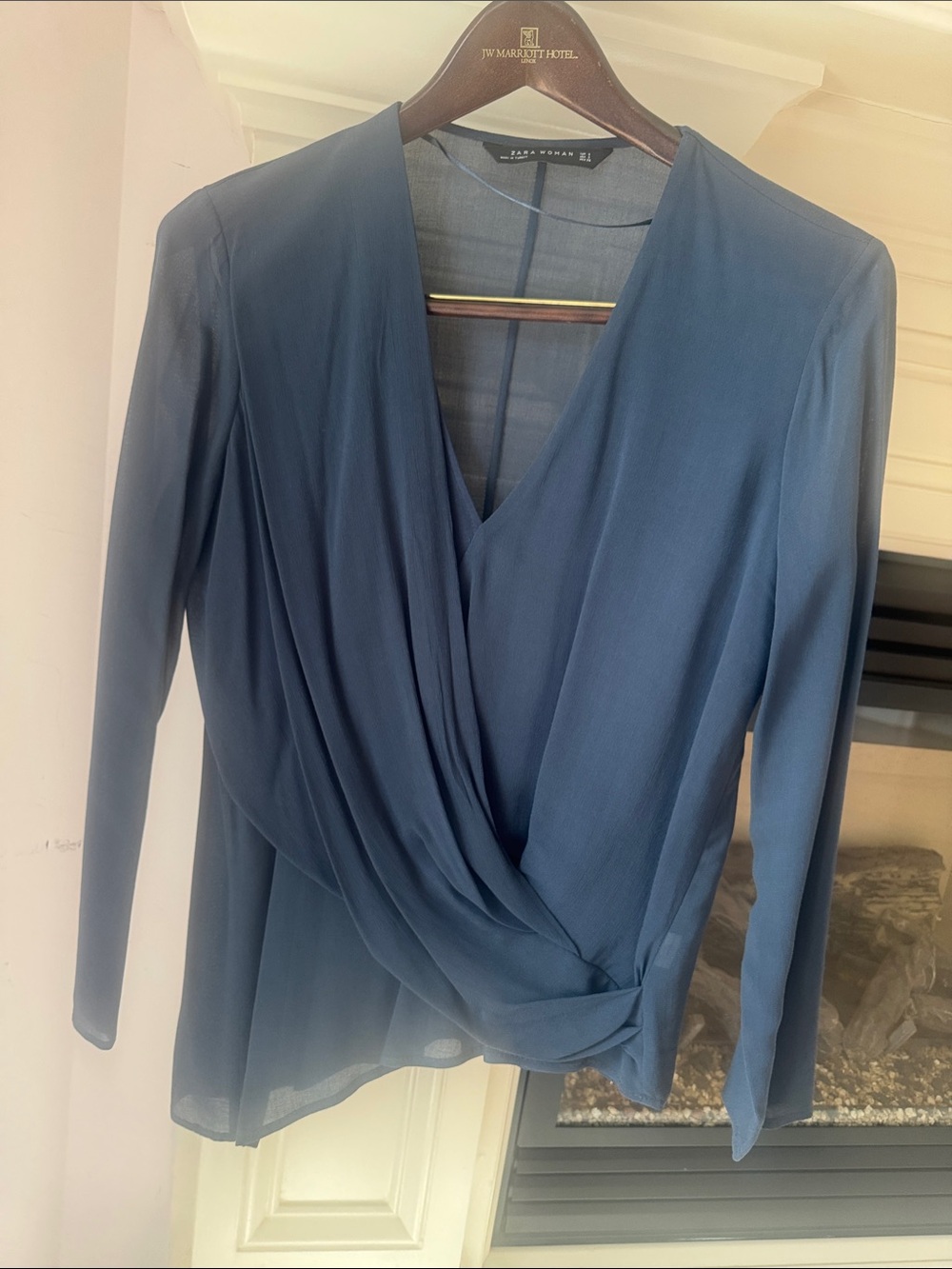 Zara Slate Blue Draped Wrap Blouse